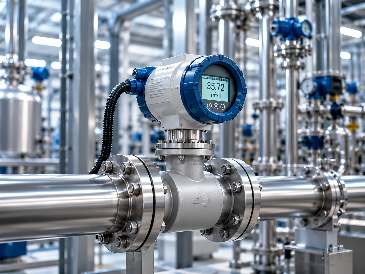 Industrial flow meter installed in a stainless steel process pipeline