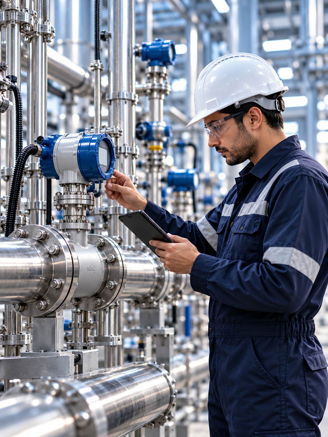 Instrumentation engineer inspecting a flow meter at an industrial plant